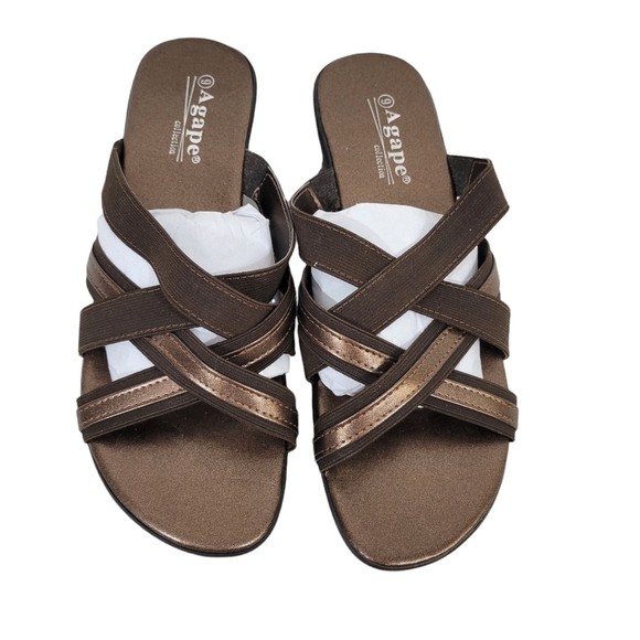 Agape Metallic Brown Crisscross Strap Slide On Sandals - Picture 1 of 5